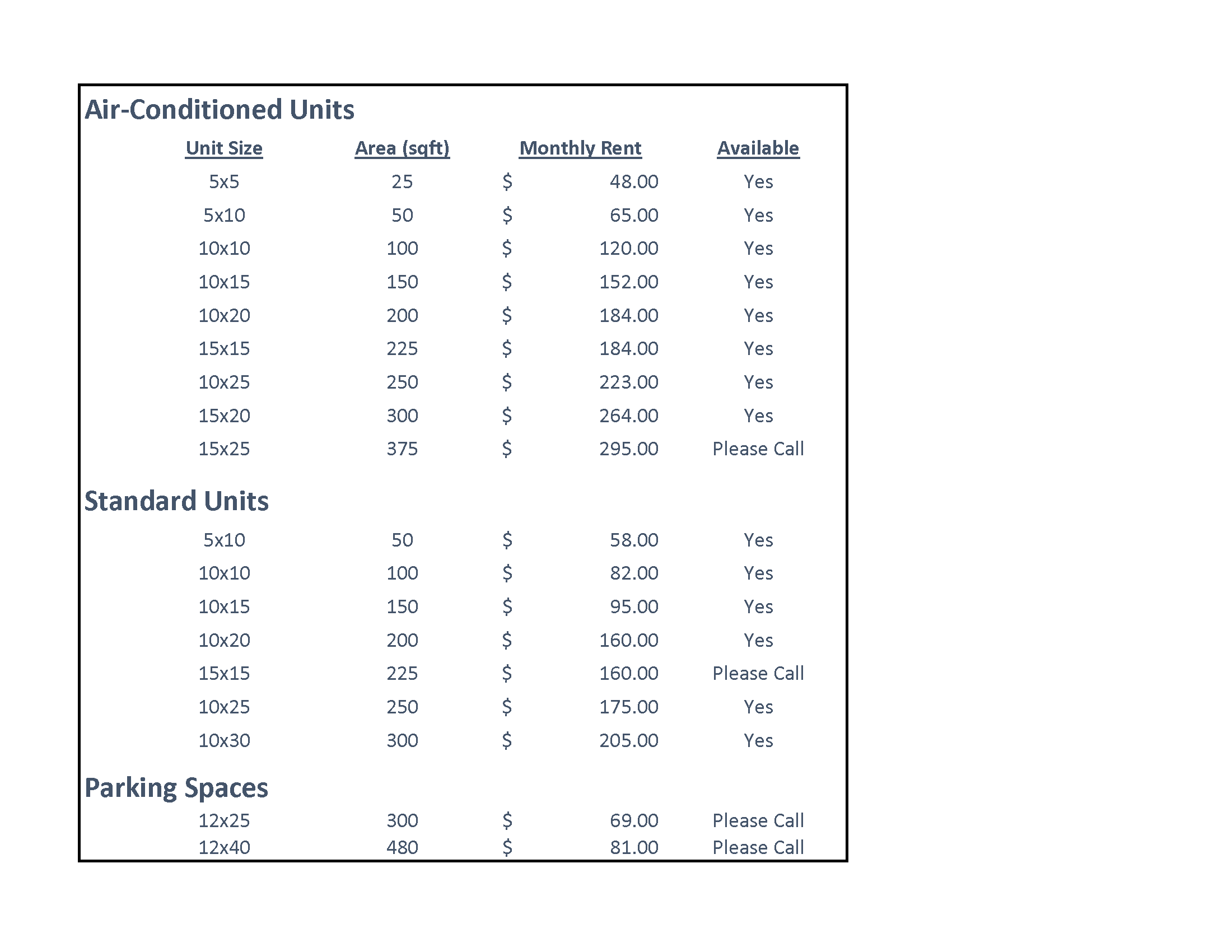 Unit Sizes Prices Florida Secure Storage